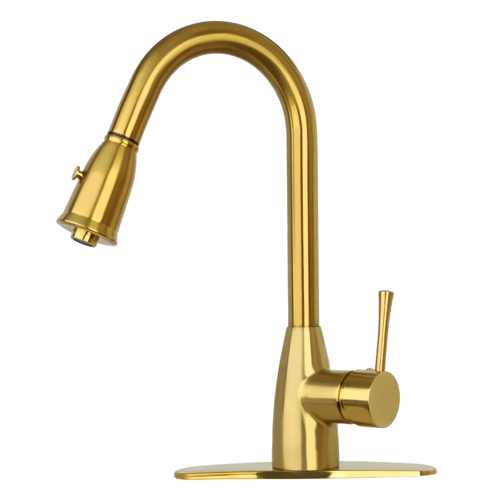 Brushed Gold Pull Out Kitchen Faucet with Deck Plate, Single Level Solid  Brass Kitchen Sink Faucets with Pull Down Sprayer